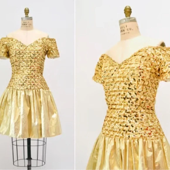 jessica mcclintock gold dress MIDORI METALLIC BANDAGE DRESS